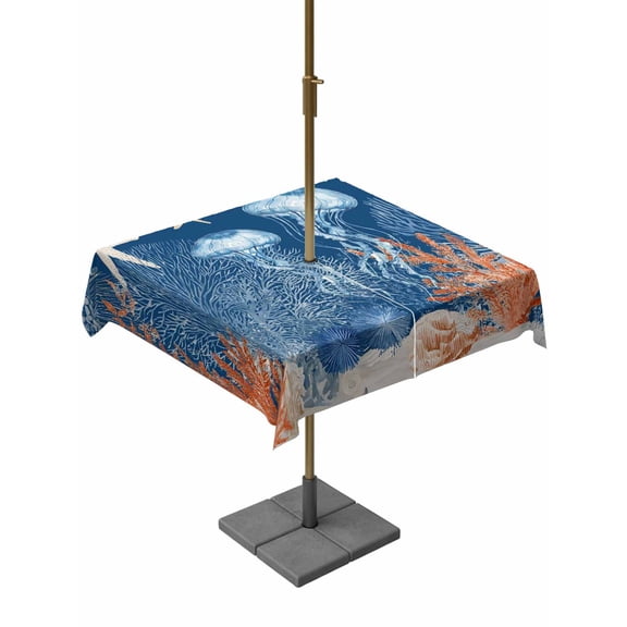 Outdoor Tablecloth with Umbrella Hole for Patio/Picnic/Party/Camping, Blue Coastal Jellyfish Waterproof Table Cloth Square Cover Washable, Nautical Orange Coral Starfish (60"x 60")