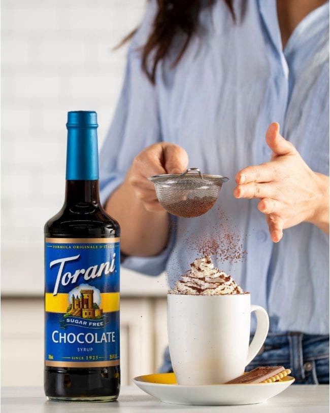 Torani Sugar Free Chocolate Syrup, 750mL (25.4 fl oz) Bottle + Gold Pump