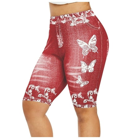 Penkiiy Womens Imitation Denim Printed Leggings Capris High Waisted Elastic Pencil Sports Yoga Pants Control Panties XXL Red on Clearance