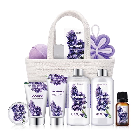 Cestas de regalo para spa Body & Earth, 11 unidades, color lavanda con baño de burbujas