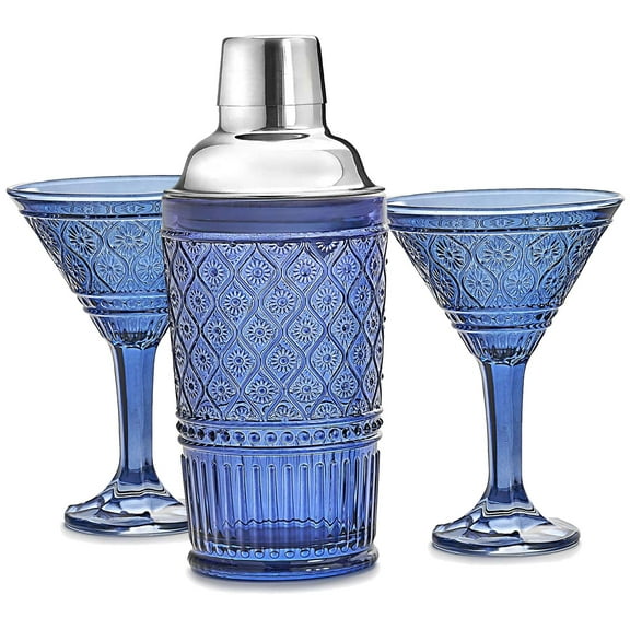 Godinger Cocktail Shaker and Martini Glasses Barware Gift Set, Martini Shaker and 2 Cocktail Glasses Set, Vintage Decor, Claro Collection, Blue