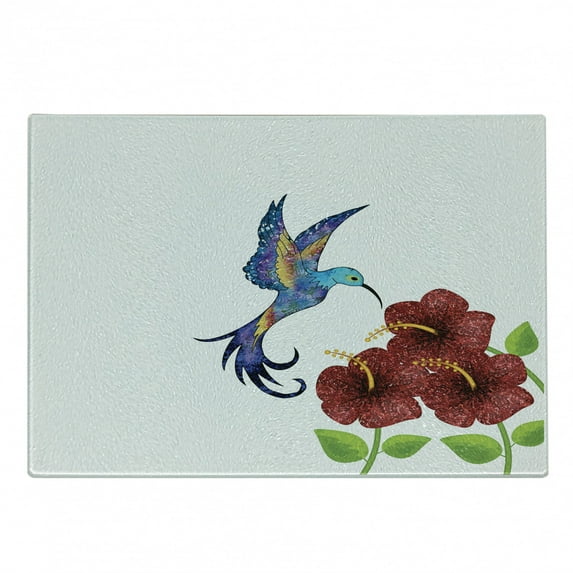Hummingbird Cutting Board, Hummingbird in Flower Garden Fantasy Tails Wings Imaginativertwork, Decorative Tempered Glass Cutting and Serving Board, Small Size, Burgundy Green, by Ambesonne