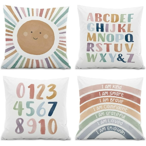 Kids Playroom Decor,Boho Sun Alphabet Throw Pillow Covers,Kids Reading Nook Decor Pillowcase for Classroom Playroom Nursery,18x18 Inch Pillowcase Set of 4