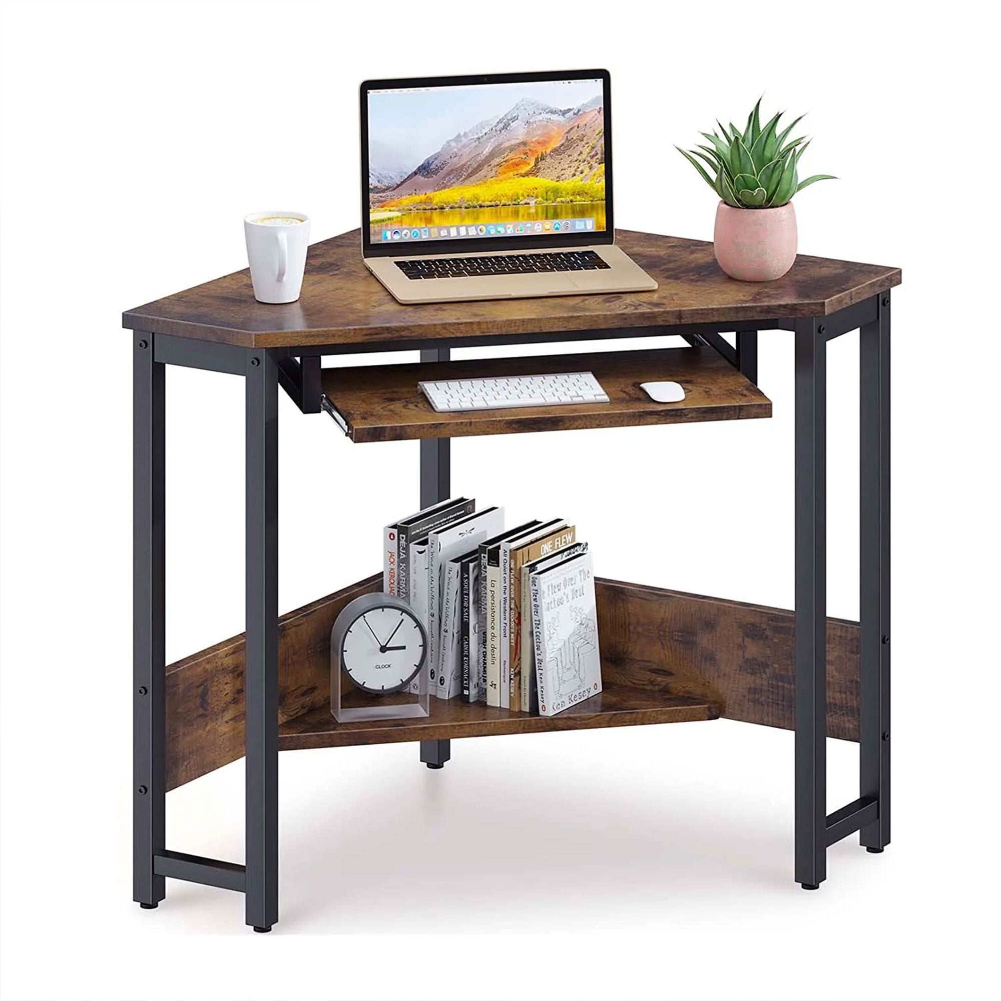 ODK Corner Triangle Computer Desk w/ Storage & Keyboard Tray, Rustic