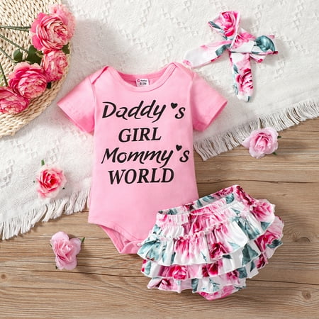 

PatPat 3pcs Baby Girl Summer Outfit Short-sleeve Letter Print Romper and Floral Print Layered Ruffle Trim Shorts & Headband Set