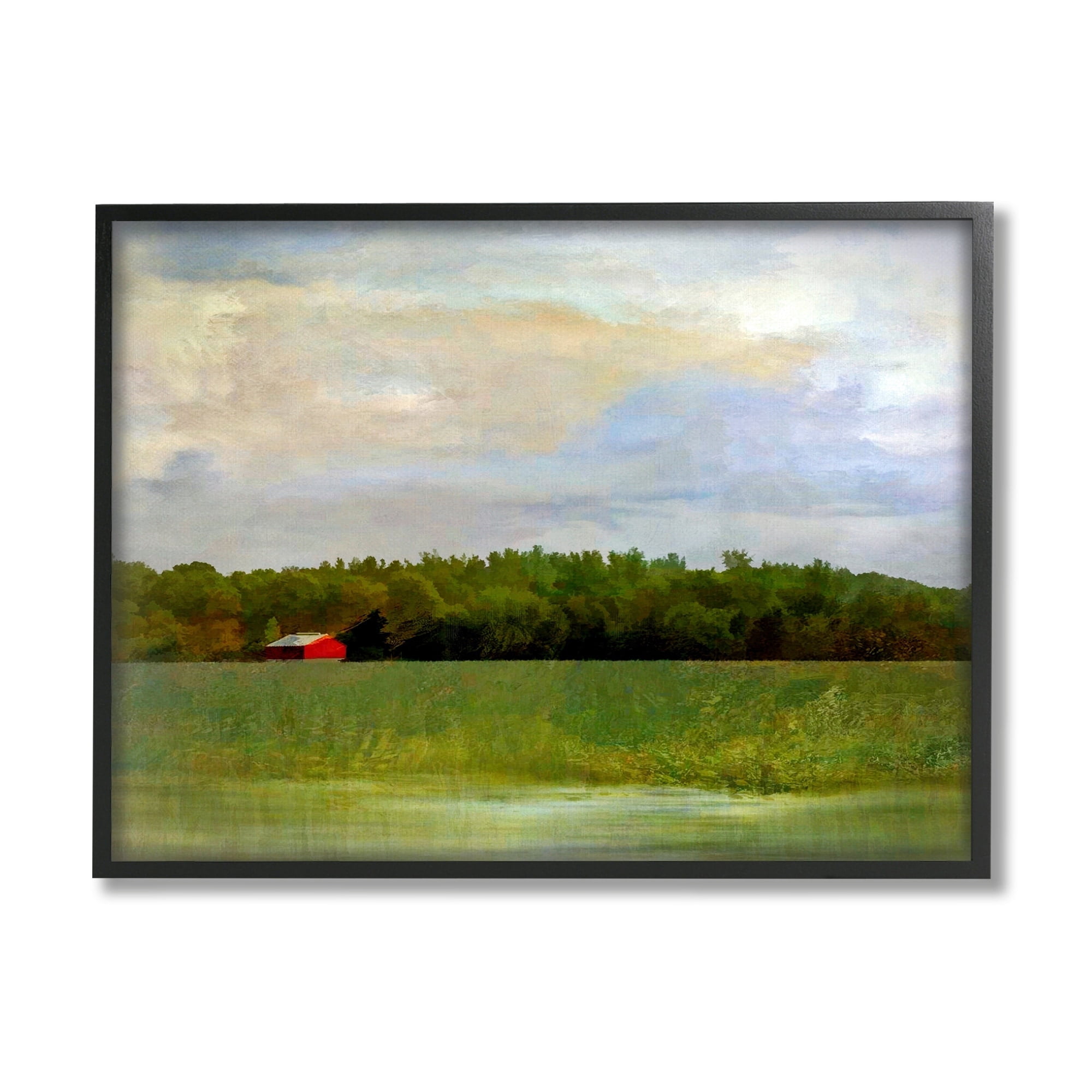 Stupell Industries Rural Field Red Cabin Landscape Landscape Painting Gray Framed Art Print Wall Art