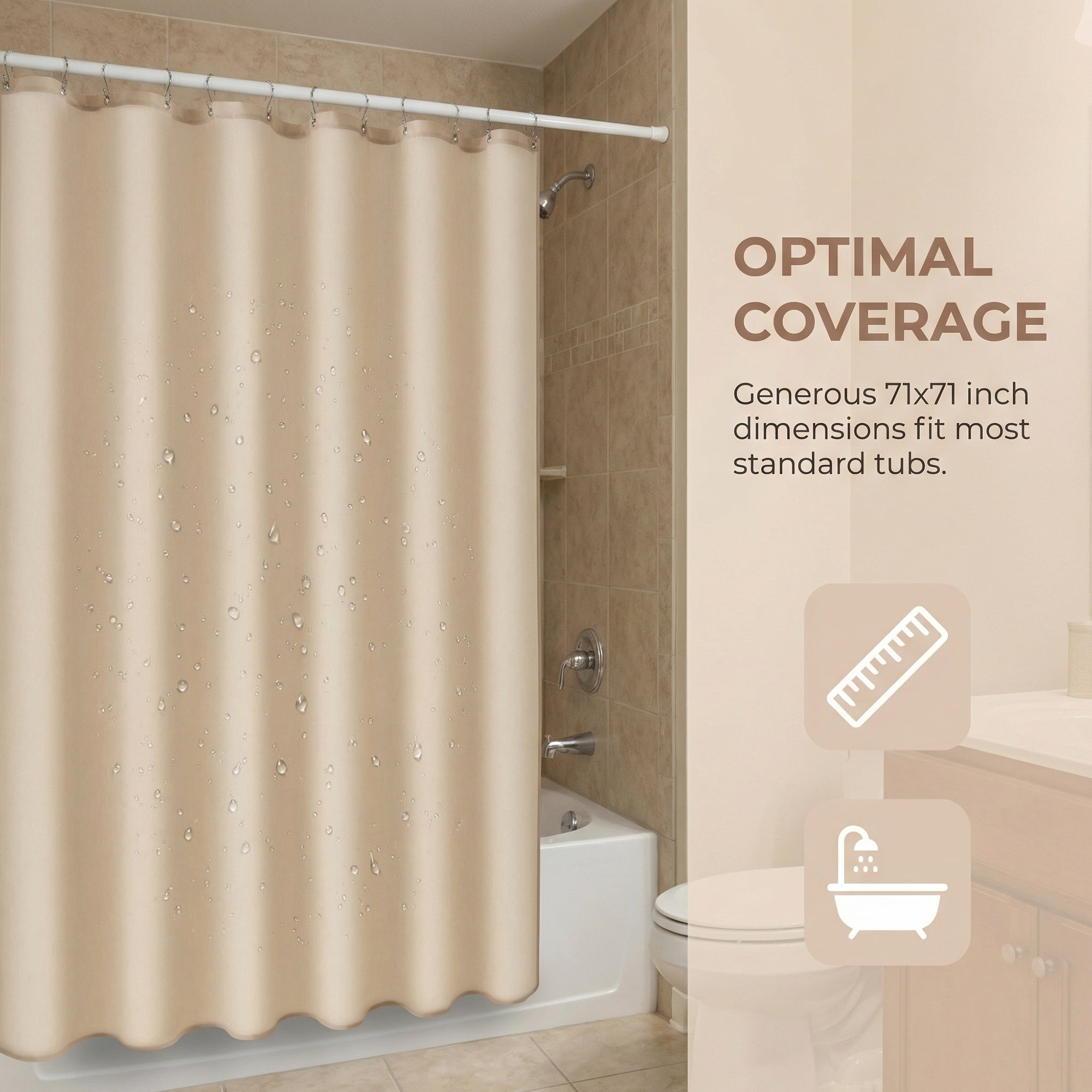 Unique Bargains Solid Polyester Shower Curtain Sets with 12 Hooks Beige 71"W x 71"L
