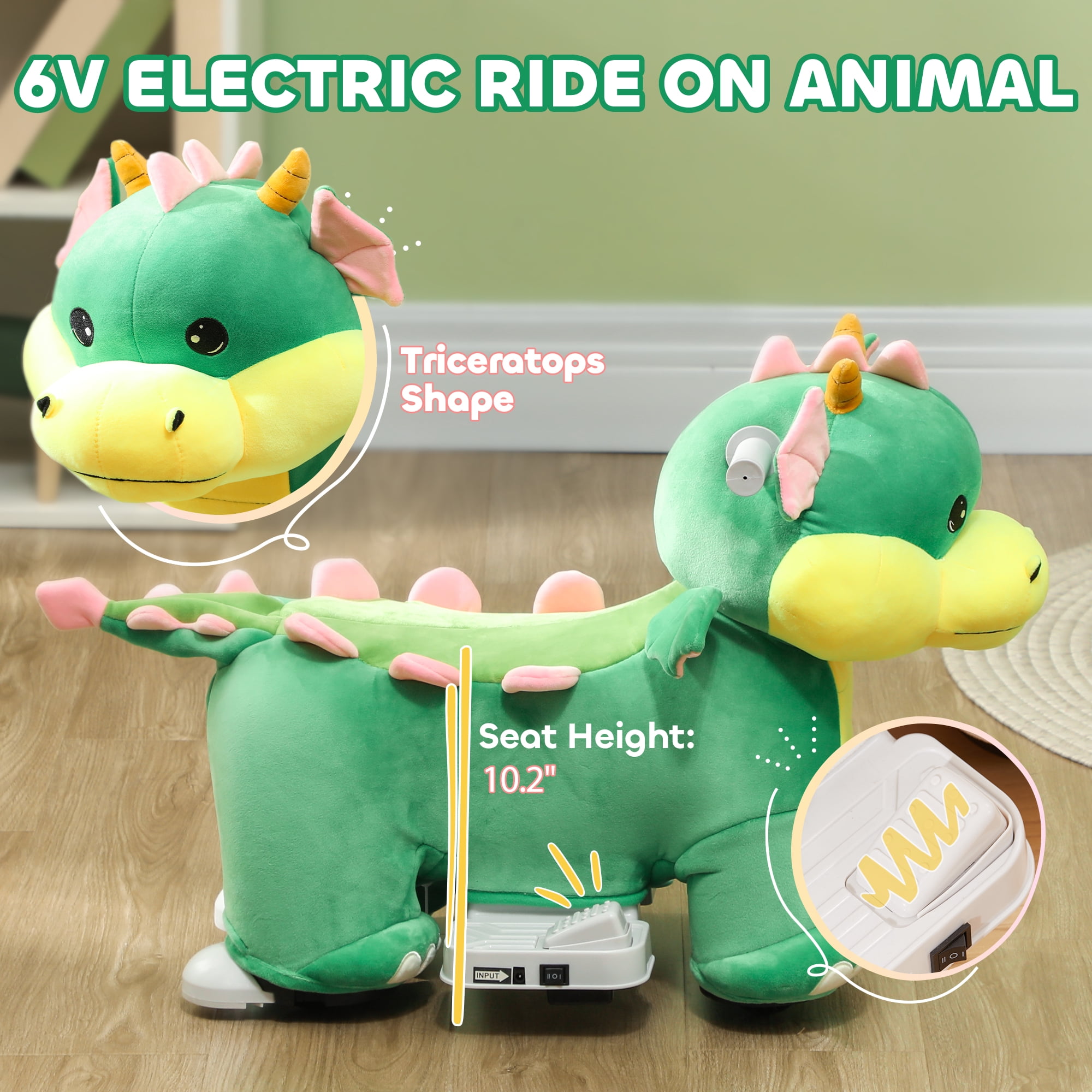 Qaba 6V Kids Ride on Horse, Triceratops Shaped Battery Powered Ride on Toy with Music Forward, PU Wheels, for Girls Boys Aged 18-36 Months, Green