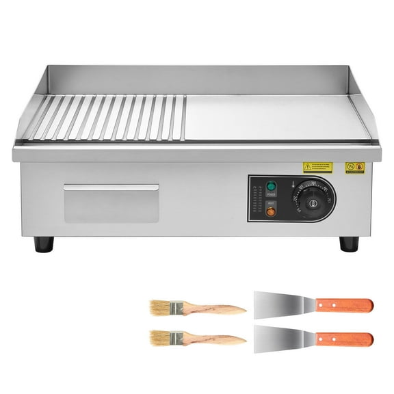 KFFKFF Commercial Electric Griddle, 21.06 x 11.81 inch, 1750W, Adjustable Temperature Range 122-570°F, Stainless Steel Construction, Half Grooved and Half Flat Surface, Includes 2 Spatulas