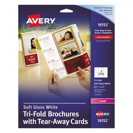 Avery Tri-Fold Brochure w/Tear-Away Cards, 8 1/2 x 11, Soft Gloss White, 50/Pack
