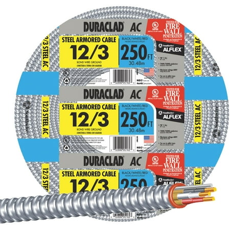 Type Steel Weight - DURACLAD® TYPE AC LIGHTWEIGHT STEEL ARMORED CABLE, 12/3, 600 VOLTS, 250 FT. COIL per 1 Coil