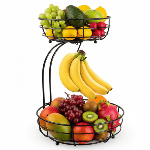 2 Tier Large Fruit Basket for Kitchen Counter with Banana Hangers, Iron Stackable Fruit Bowl for Kitchen Counter for Bread Vegetable Fruits, 64 OZ,Black