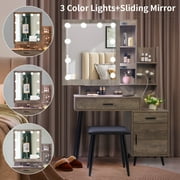 Ktaxon Lighted Vanity Table Set with Charging Station, Makeup Dressing Table with Sliding Mirror, Bedroom Vanities Set