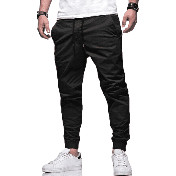 PUZTLOY Men's Cargo Joggers Track Pants with Pockets Drawstring Cargo Sweatpants Casual for Hiking Running Outdoor Workout Black