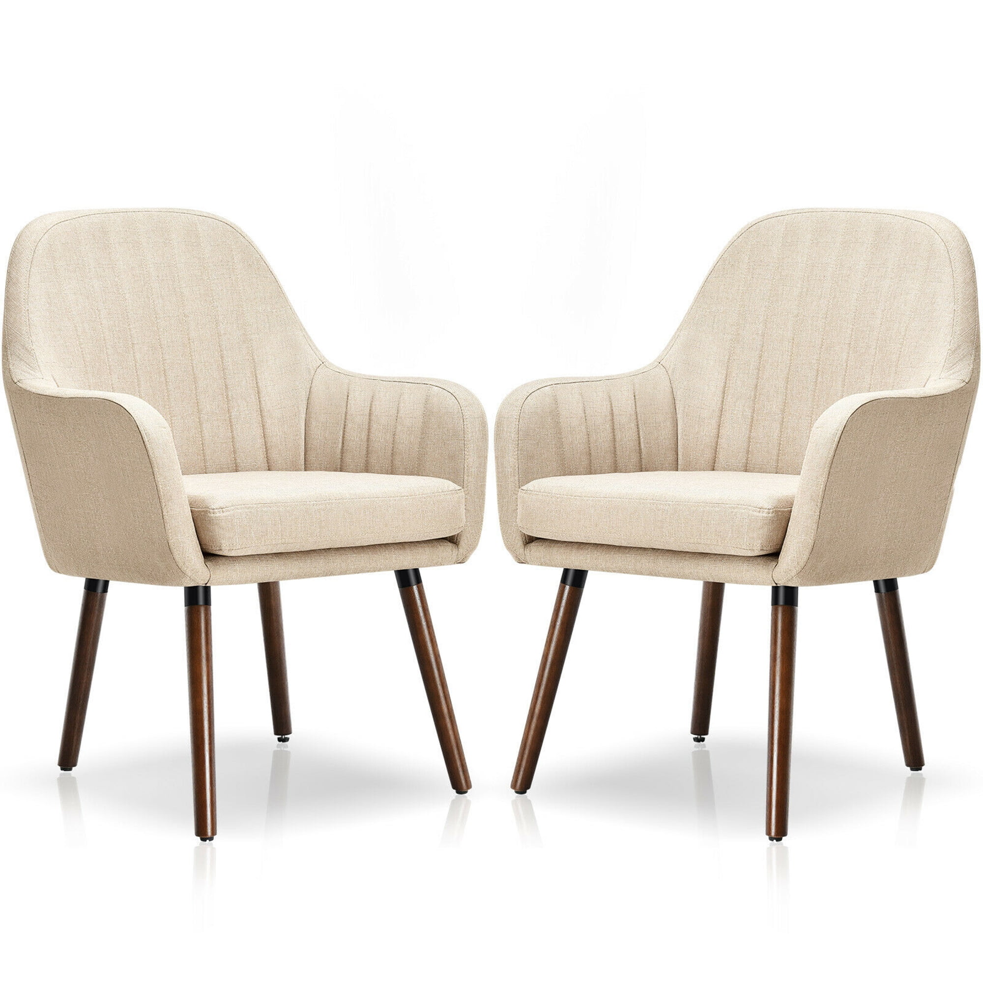 Gymax Set of 2 Accent Chairs Fabric Upholstered Armchairs w/Wooden Legs Beige