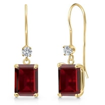 Gem Stone King 14K Yellow Gold Red Garnet and Lab Grown Diamond Earrings for Women | 4.03 Cttw | Gemstone January Birthstone | Emerald Cut 8X6MM
