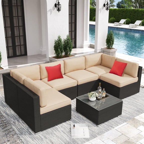 SOLAURA 7-Piece Outdoor Patio Furniture Set Black Wicker Rattan Sectional Sofa, Brown