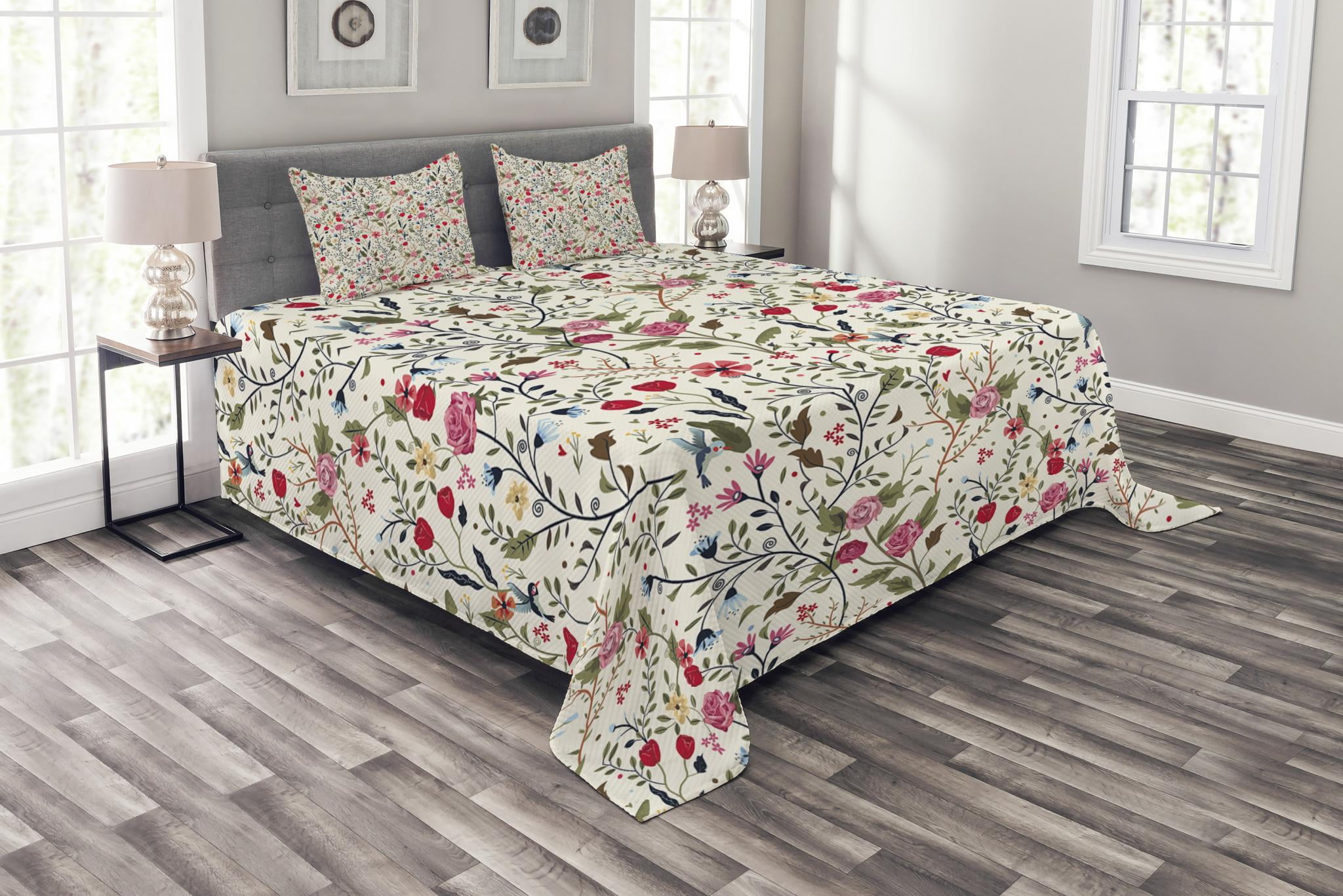 Floral Bedspread Set Queen Size, Vibrant Colored Complex Image Birds