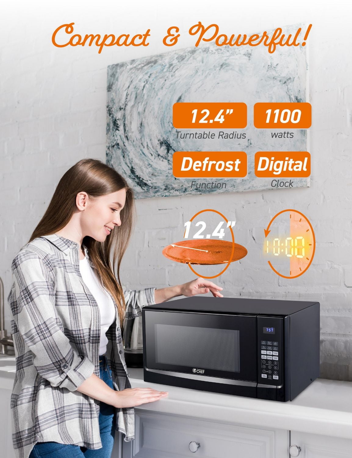 Commercial Chef 1.4 Cubic Foot Microwave with 10 Power Levels, Small Microwave with Push Button, 1100 Watt Microwave with Digital Control Panels