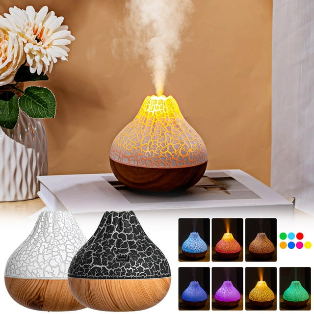 Humidificador volcán de veta de madera con efecto de llama y luz LED de 7 colores - Difusor de aromaterapia USB de 300 ml, súper silencioso, 2 modos de pulverización para dormitorio