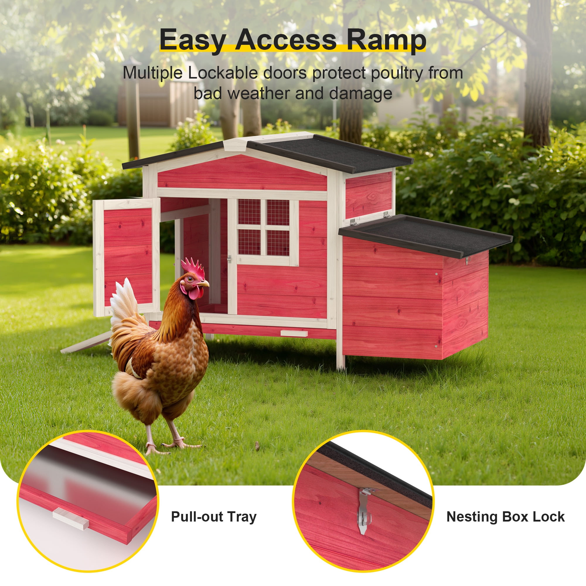 Outdoor Chicken Coop Rabbit Hutch Wooden Hen House w/ Nesting Box & Tray Poultry Cage for Outdoor Indoor, Red