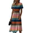 thumbnail image 2 of Minjewel Women's Striped Mini Dress with V-Neck Short Sleeve - Breton Summer Dress, Loose Flowy Beach Party Outfit, Comfy Vacation Top,Pink,XL, 2 of 6