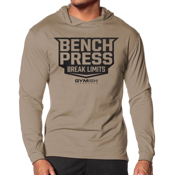 GYMISH Bench Press Lightweight Long Sleeve Hooded T-Shirt for Men – Funny Workout Hoodie, Khaki, Small