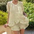 thumbnail image 2 of FRSASU Womens 2 Piece Ruffle Pajama Set Gingham Button Down Short Sleeve Shirts and Shorts Plaid Spring Summer Outfits Khaki, 2 of 7