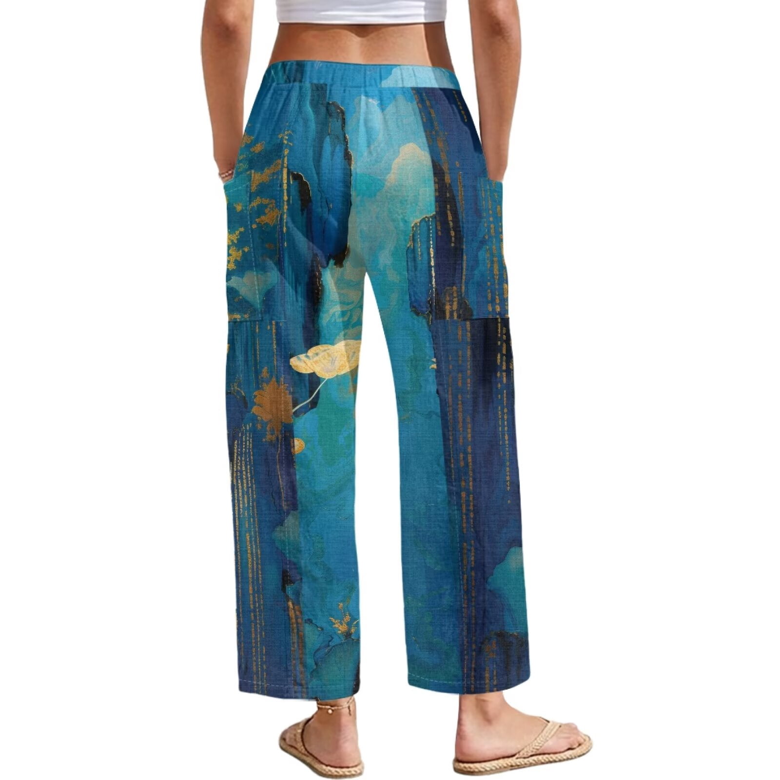 Yuyamidu Chinese Red Crowned Crane Womens Drawstring Straight Leg Pants with Pockets Loose Fit Line Palazzo Pants Petite High Waisted Lounge Trousers Chinese Print Outfits, Size 3XL