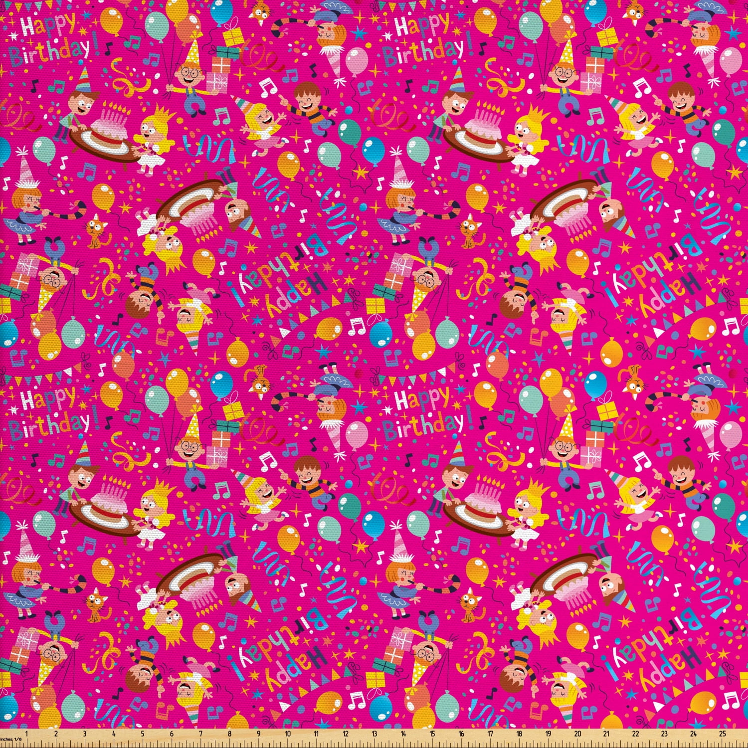 Birthday Fabric by The Yard, Joyous Composition with Children Party