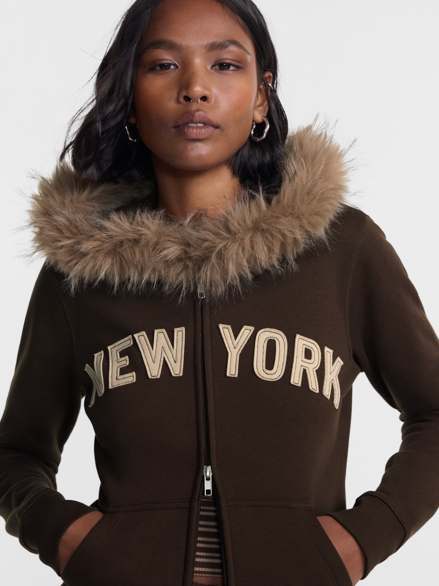 No Boundaries Zip Up Hoodie with Faux Fur Trim, Women’s XXS-XXL