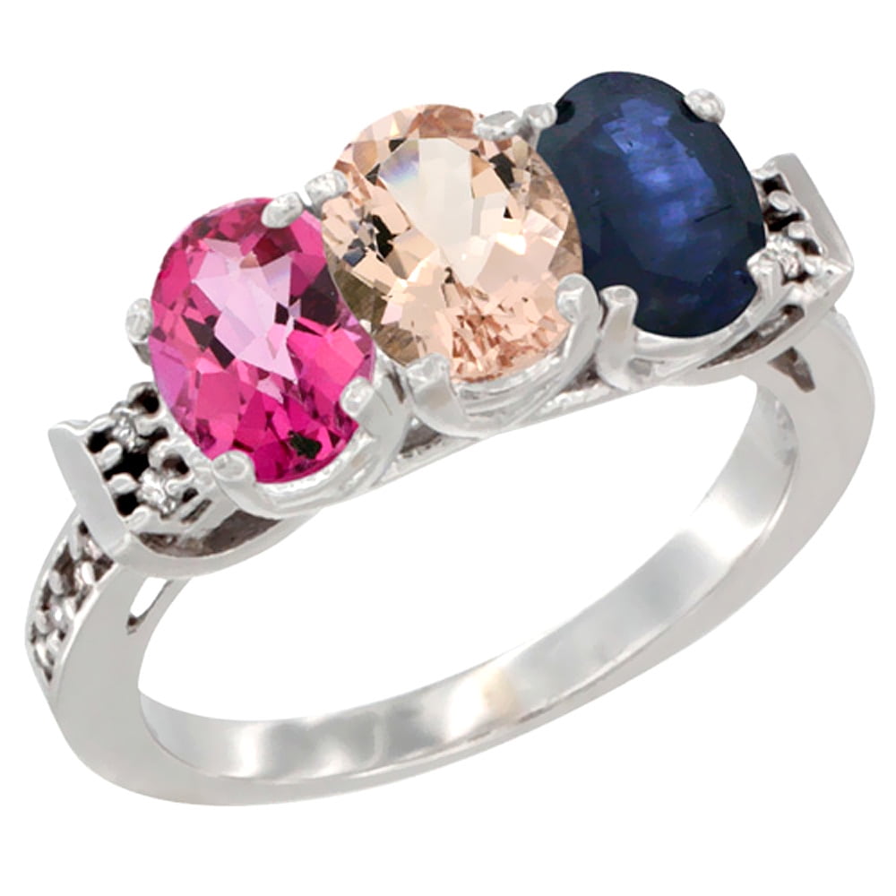 14K White Gold Natural Pink Topaz, Morganite & Blue Sapphire Ring 3-Stone 7x5 mm Oval Diamond Accent, sizes 5 10 by WorldJewels