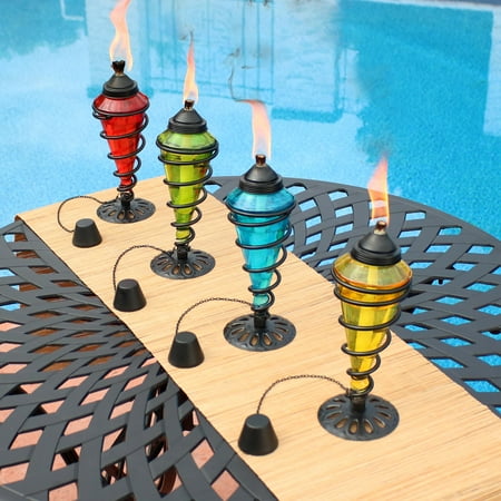 Sunnydaze Decor Swirling Metal with Glass Tabletop Torches - Outdoor Patio and Lawn Citronella Torch - Set of 8 - 2 Blue, 2 Red, 2 Green and 2 Yellow
