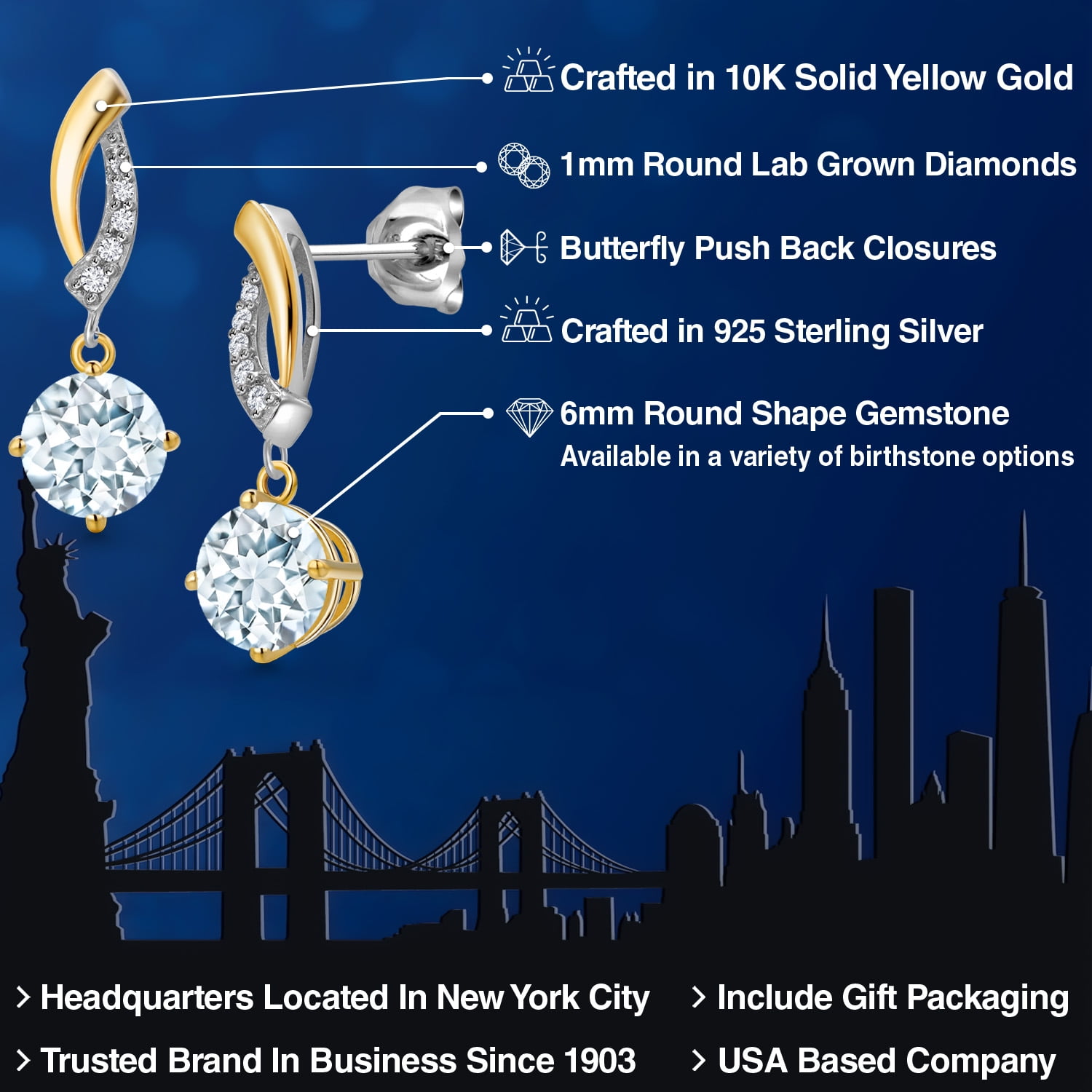 Gem Stone King 925 Silver and 10K Yellow Gold Sky Blue Aquamarine and White Lab Grown Diamond Dangle Earrings for Women | 1.55 Cttw | Gemstone March Birthstone | Round 6MM