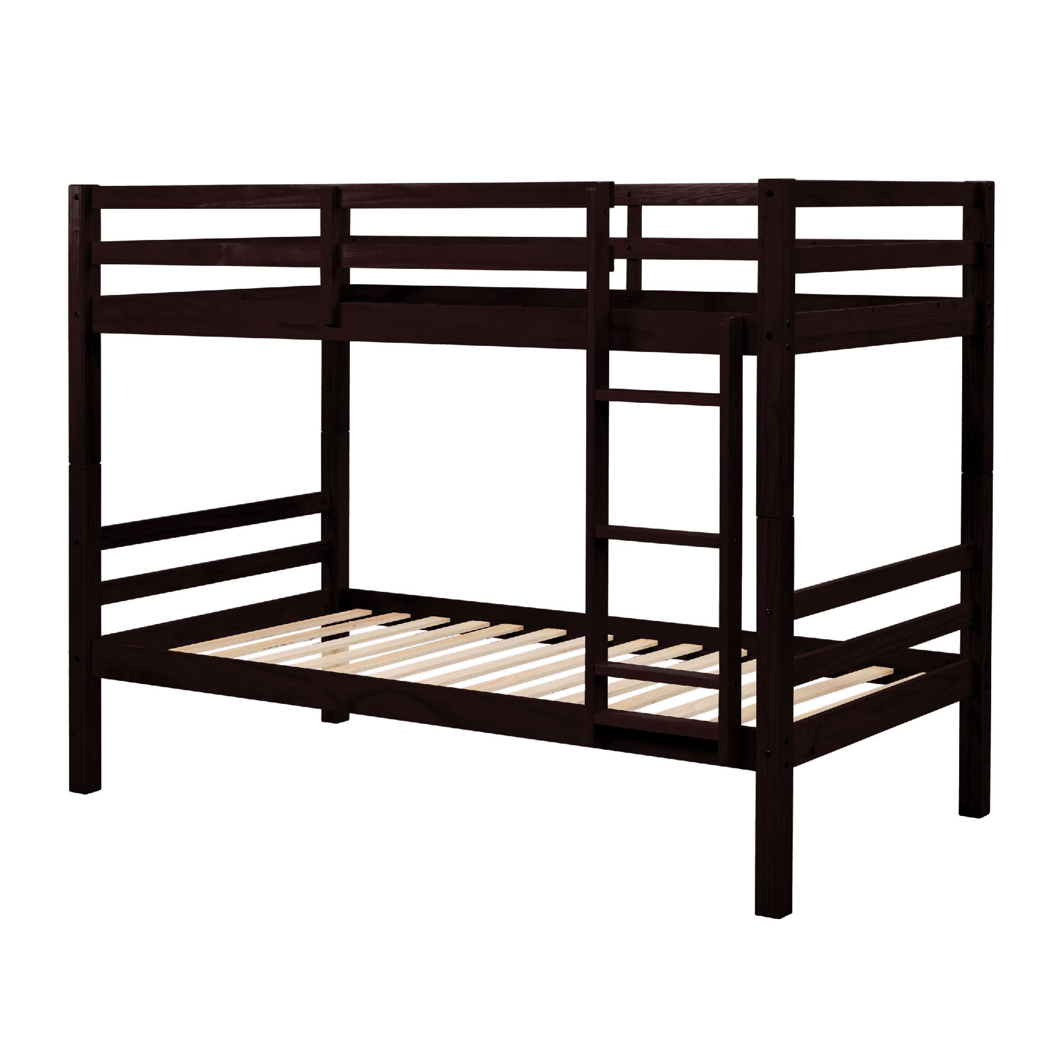 MAYEERTY Twin over Twin Wooden Bunk Bed with High Guardrail and Ladder, Heavy Duty Slat Support for Kids Teens Dorm Rooms Guest Rooms, No Box Spring Needed