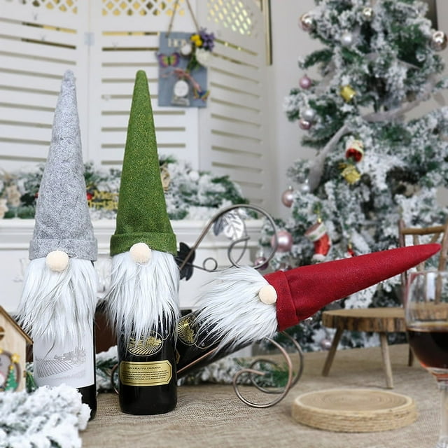 3 piezas de artículos decorativos navideños Muñeco anciano sin rostro Juego de botellas de vino Bolsa de regalo decorativa para vino con champán navideño