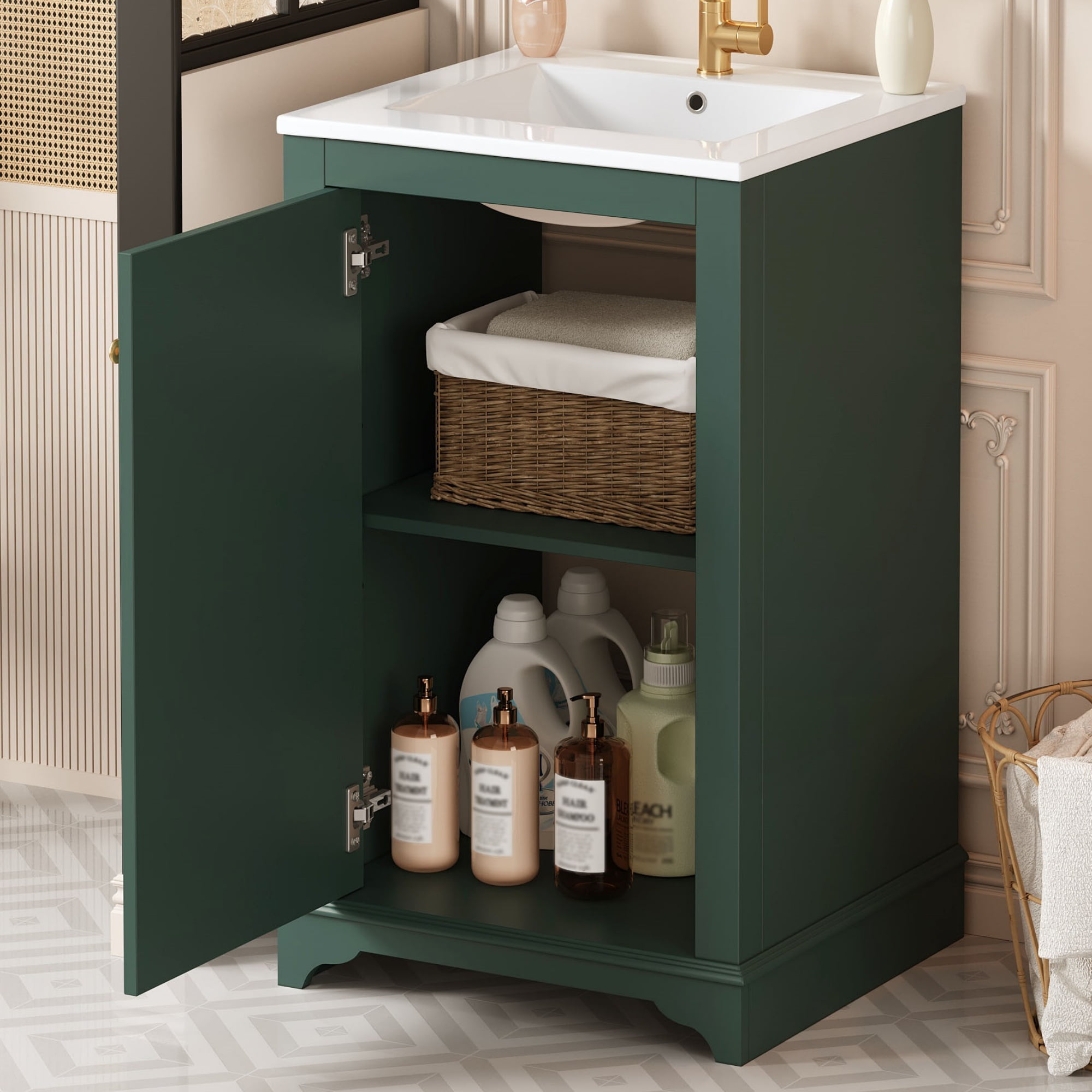 Euroco 20-inch Bathroom Vanity with Ceramic Sink, Freetanding Single Vanity Set with Soft Closing Door, adjustable shelf, Modern Style, Green.