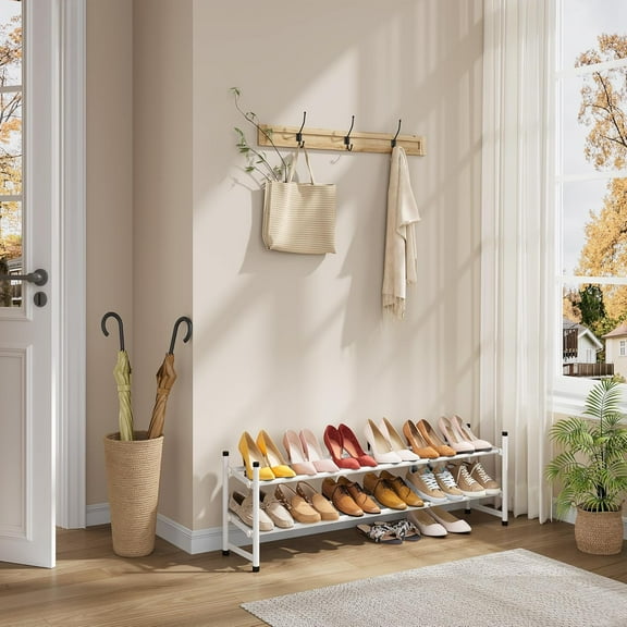 Expandable Shoe Rack for Closet - 2 Tier, 28"-41" Adjustable & Stackable Metal Shoe Organizer with Powder Coated Finish, White