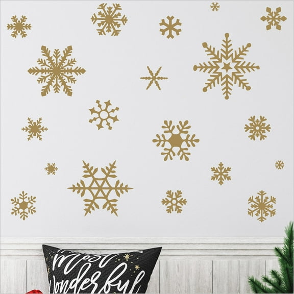 Winter Snowflakes Christmas Decals and Decor Vinyl Lettering Decal Stickers Self Adhesive - XL Set- Qty 20 - Sizes Range from 4"-12" - Color: Metallic Gold