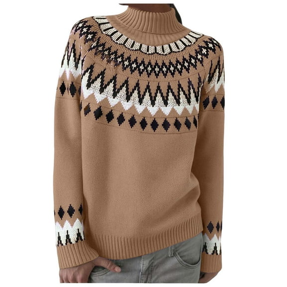 zaveiop Women's Fair Isle Sweater Casual Crewneck Long Sleeve Lightweight Vintage Knit Jumper Tops (Brown, 3XL)