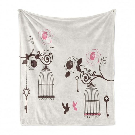 Vintage Soft Flannel Fleece Throw Blanket, Bird Cages and Keys Hanging from Swirling Rose Branches Doves, Cozy Plush for Indoor and Outdoor Use, 60" x 80", Dark Brown Pale Pink, by Ambesonne
