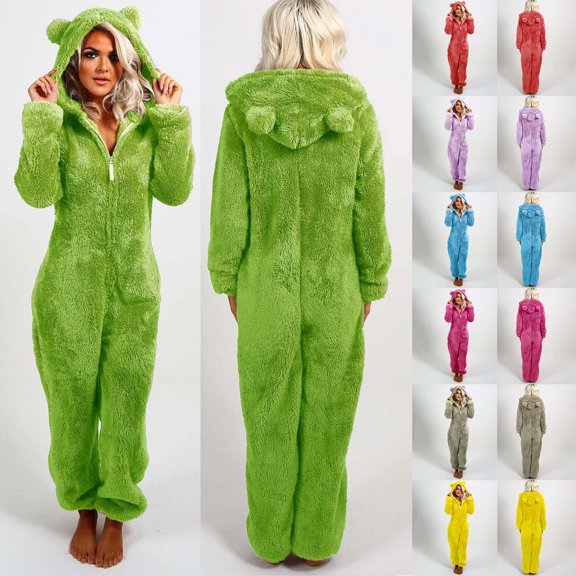 Hkoxplj Womens Onesie Pajamas Fluffy Fleece Hooded Jumpsuit Cute Ears Zip Up Long Sleeve Loose Cozy Warm Sleepwear Solid Color Winter Loungewear Casual Home Soft Fuzzy Onesie Pajamas