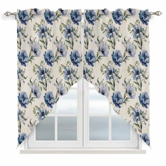 Navy Blue Floral Swag Valances for Windows 2 Pack, Kitchen Window Curtains 36 Inch Length, Vintage Flowers Elegant Pastoral Rustic Privacy Swag Curtains for Living Room/Bathroom 36"x36"