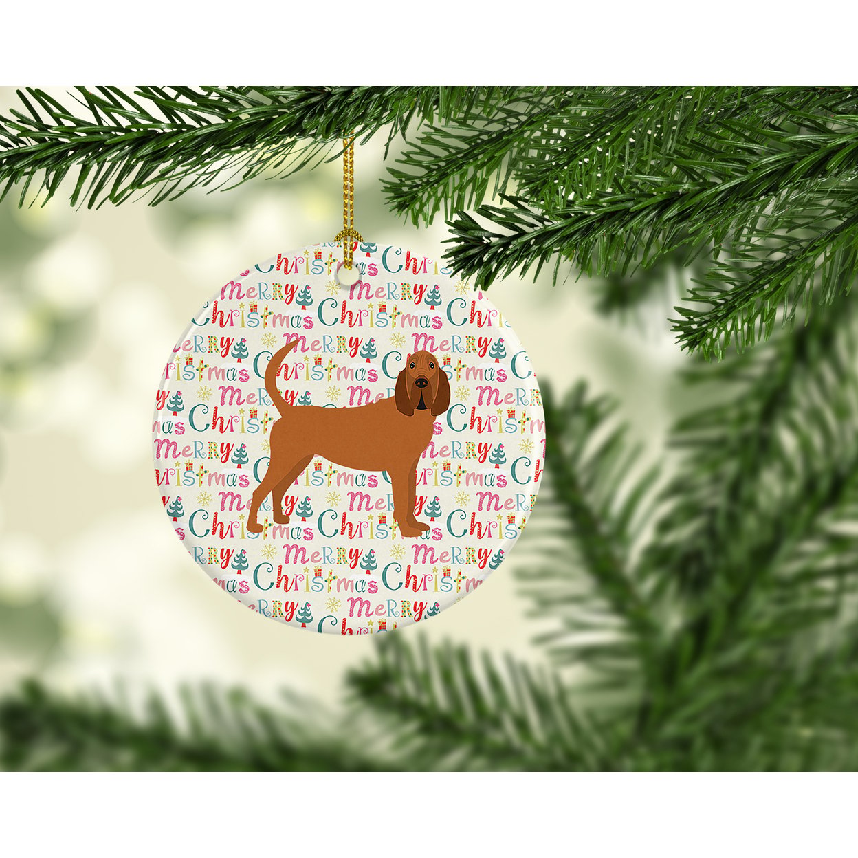 Bloodhound Merry Christmas Ceramic Ornament 2.8 in x 2.8 in