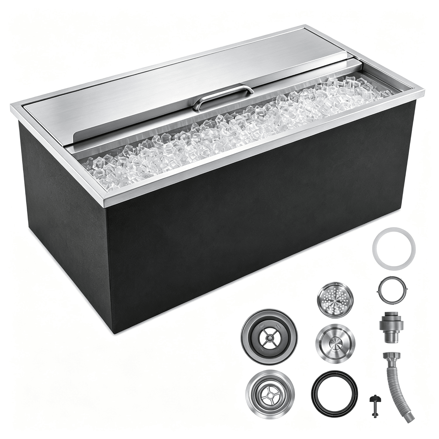Drop-In Ice Chest, Stainless Steel Ice Storage Box with Sliding Lid and Drain Hose, Ice Bin for Chilled Wine, Beer, Beverage (36 x 18 x 14 Inches)