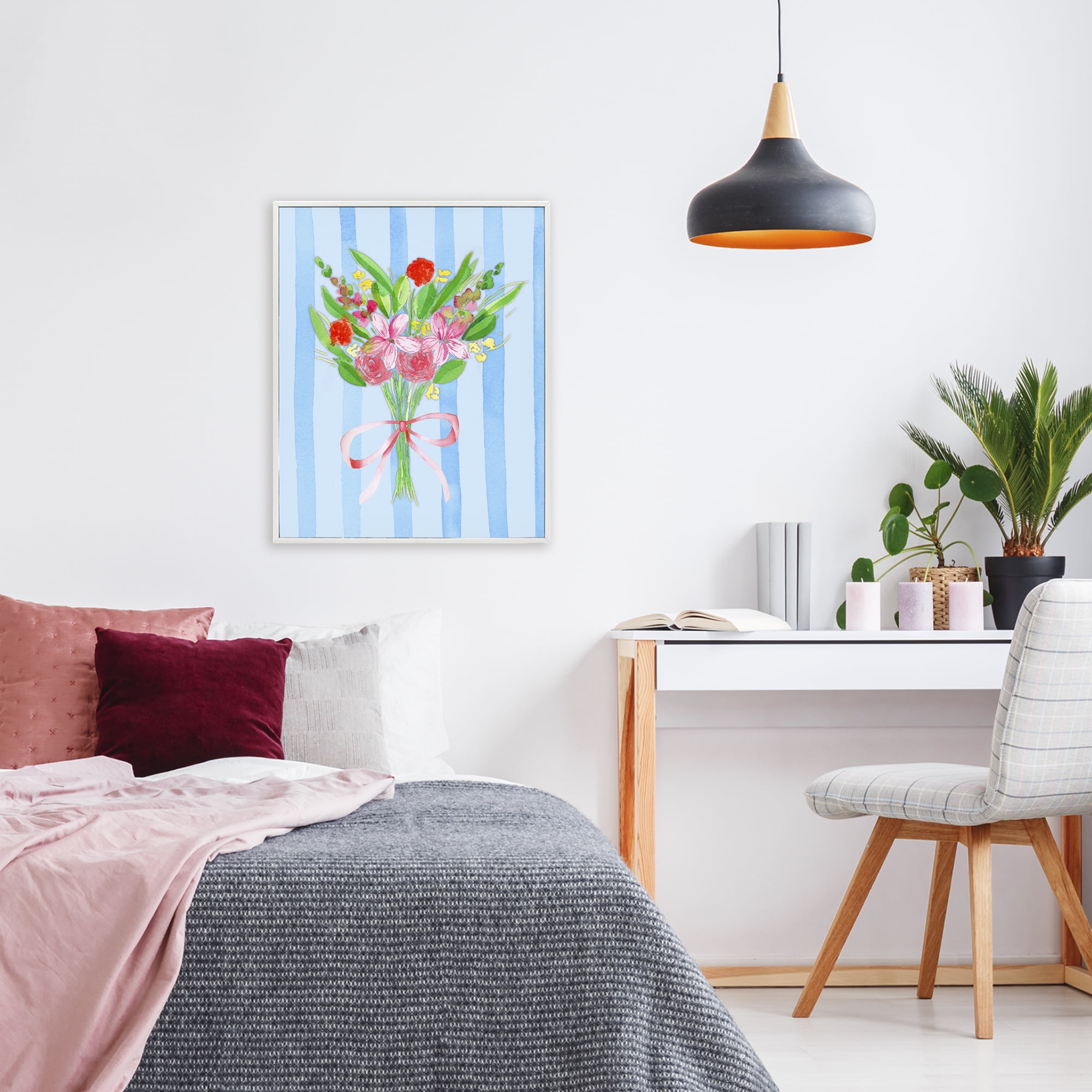 Blue and Pink Bouquet & Bow White Framed Giclee Art, design by Nina Jacobs