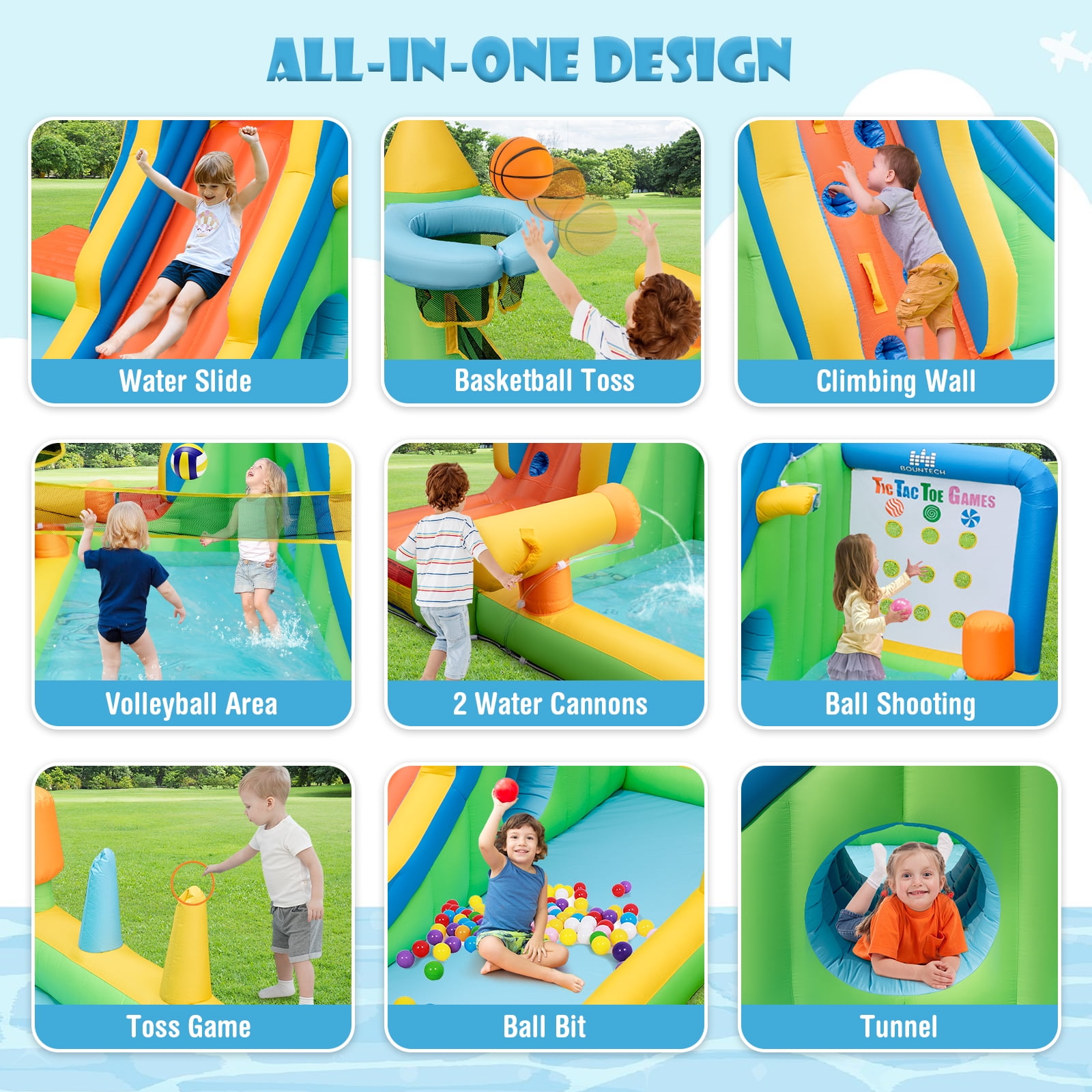 Topbuy Inflatable Water Slide 9-in-1 Blow-up Water Park for Kids with Splash Pool Climbing Wall Water Guns Basketball Toss