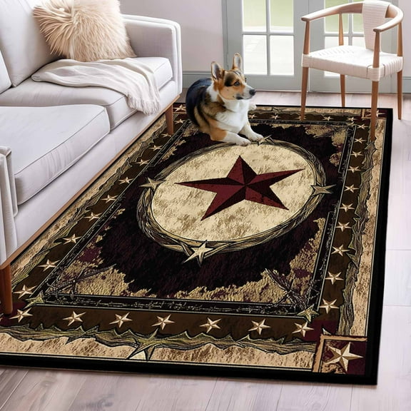 Western Stars Brown Area Rug 4x6 Washable Rug Non Slip Farmhouse Country Vintage Wood Grain Large Area Rug Indoor Floor Carpet for Entryway Bedroom Kitchen Living Room Home Office Dining Room Nursery