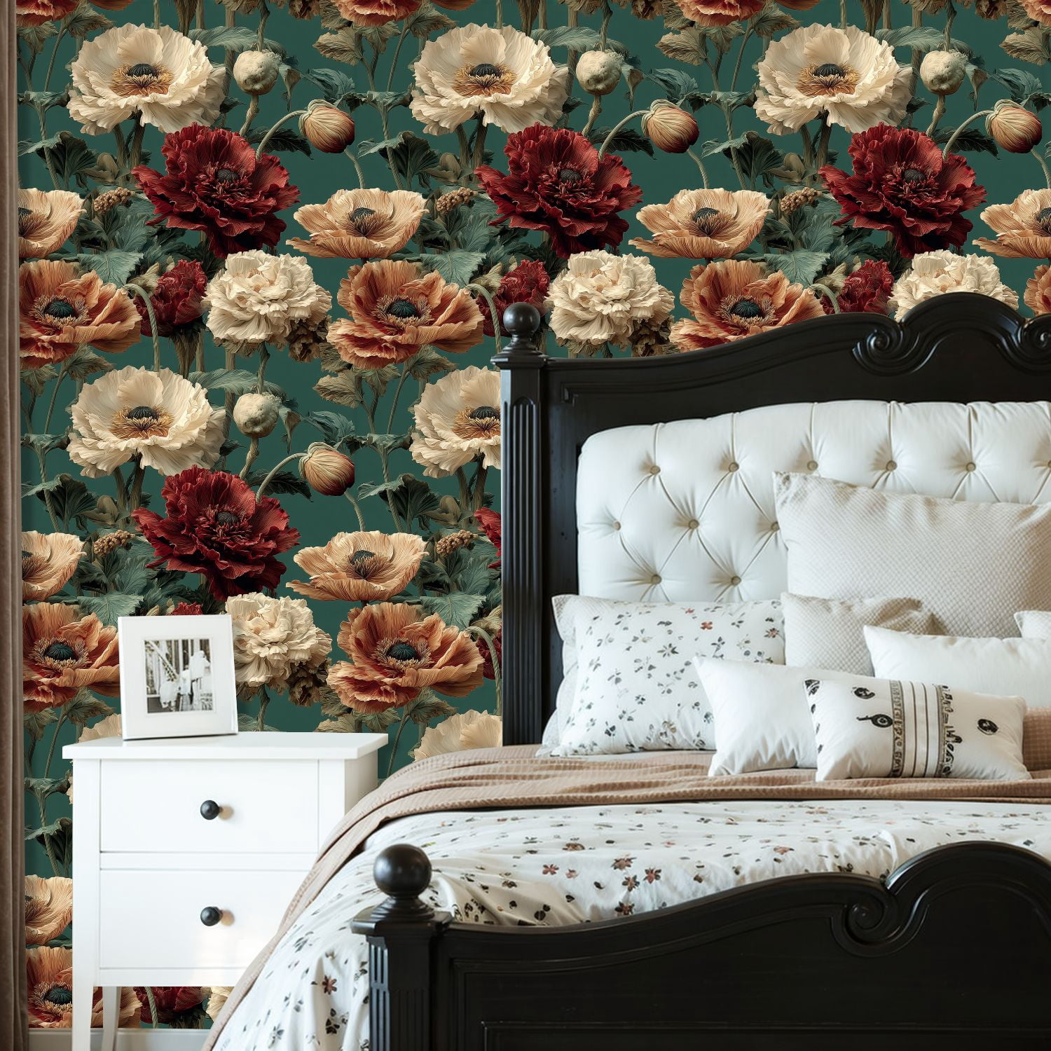 Vintage Peel and Stick Wallpaper Vivid Poppies Bloom Lush Greenery Soft Lighting Wall Mural 23.6in x 9.8ft Self Adhesive Removable Wall Paper Floral Contact Paper for Nursery Bedroom Cabinets
