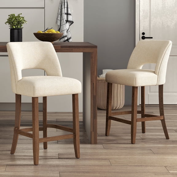 VKNOW Bar Stools Set of 2, 26" Upholstered Counter Height Bar Stools, Modern Counter Stools with Wood Legs for Kitchen Island Dining Room Bar,Beige